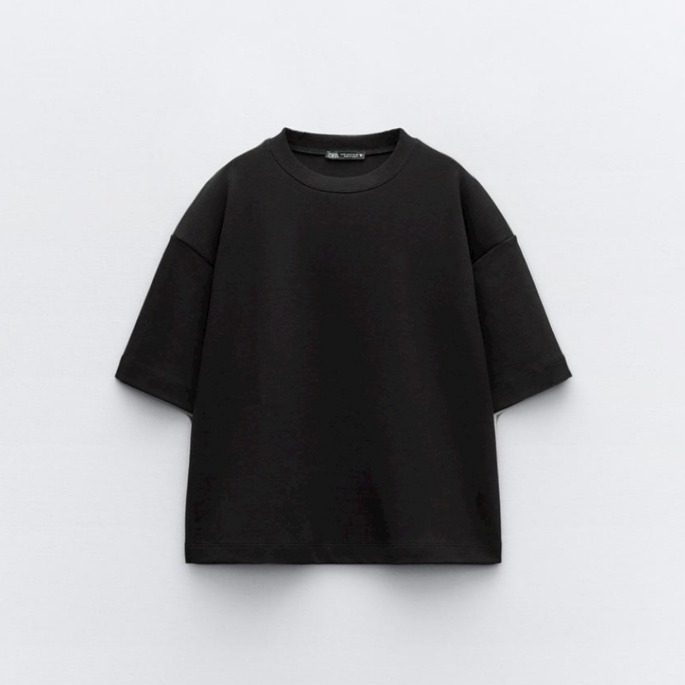 Zara Black Interlock Short Sleeve Shoulder Pad T-Shirt Size Small Black